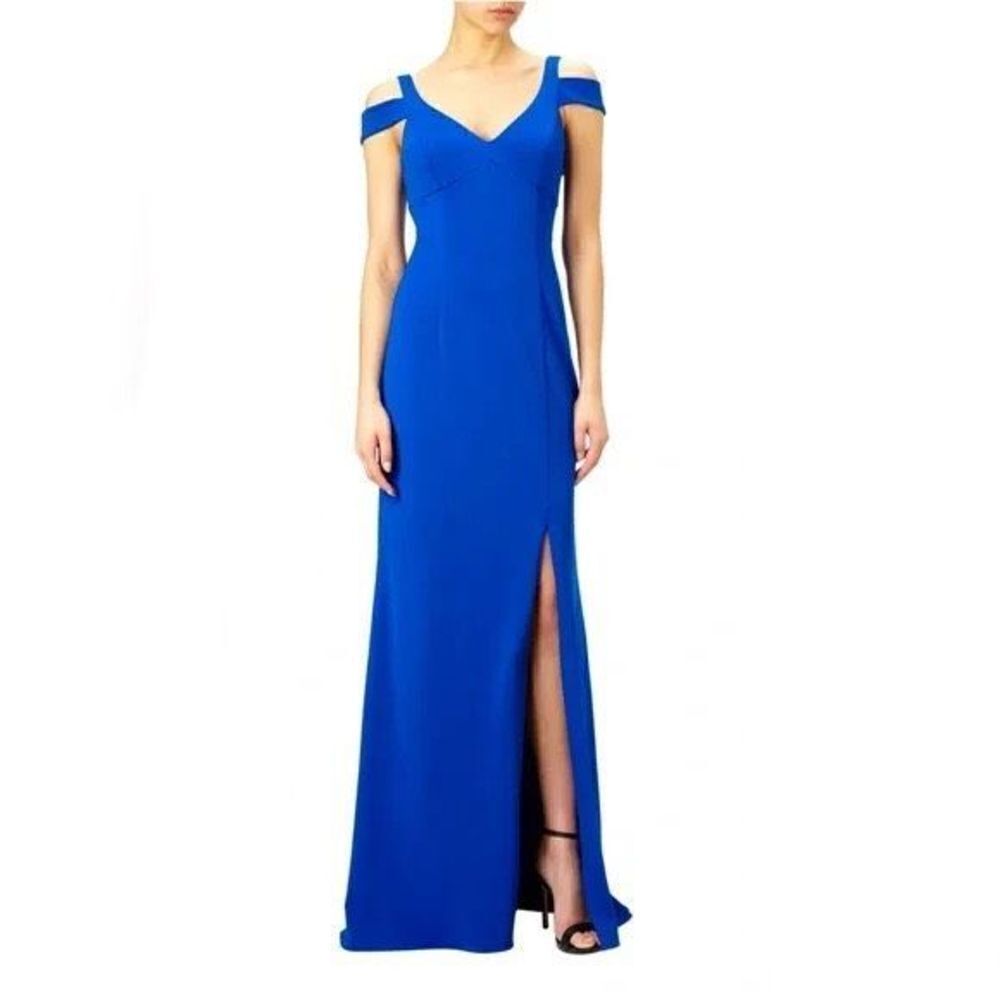 NWT Adrianna Papell Gorgeous Sz L Blue Stretch Cold Shoulder Long Gown Dress